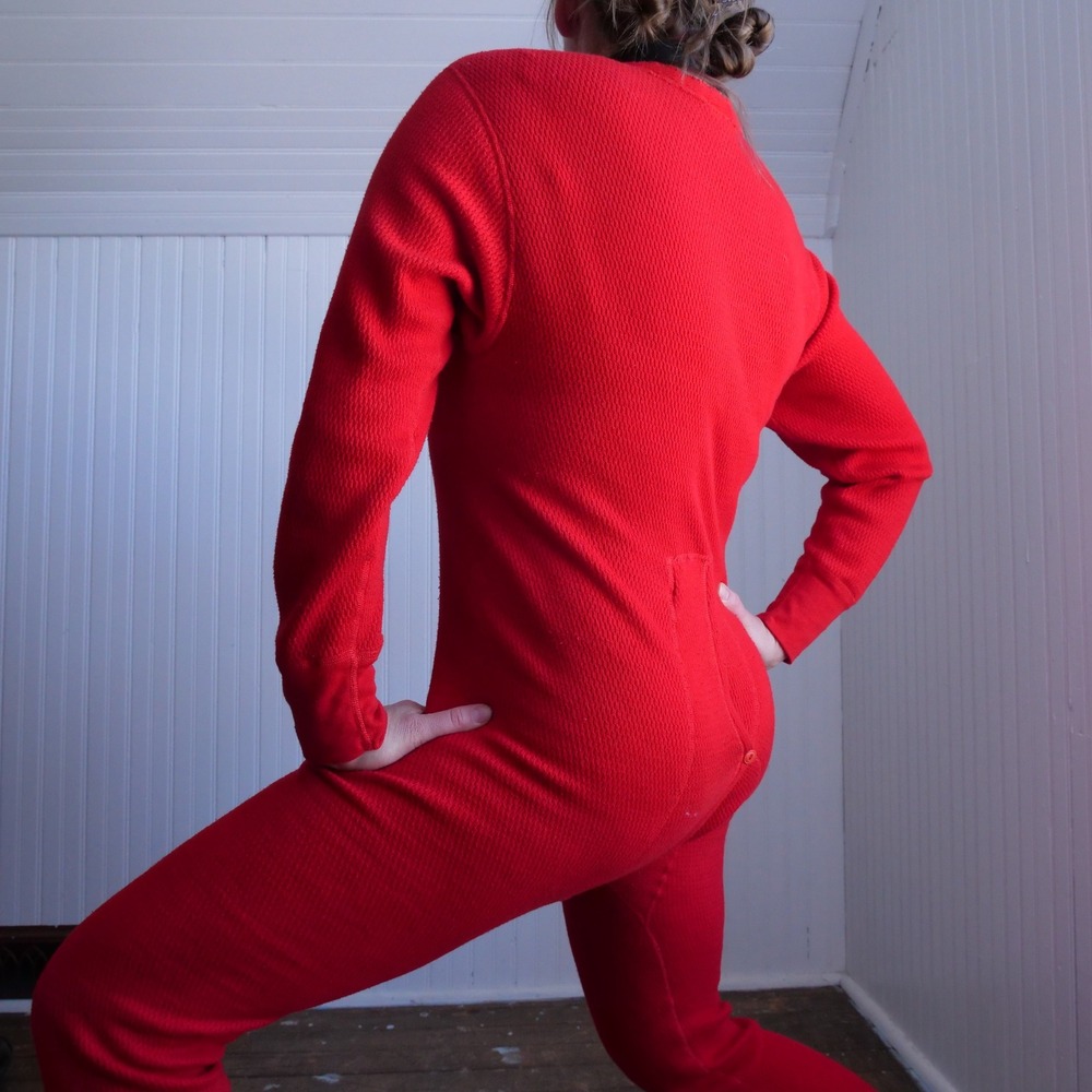 Great vintage 90s red waffle cotton/poly long johns‎ onesie - Picture 8 of 8